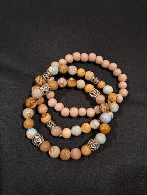 Boho Beaded Stretch Bracelet Set Neutral Earth Tone Stack Layered
